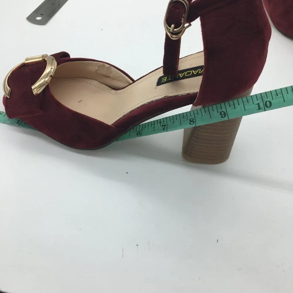 Red Round Toe Pumps Chunky Mid Heel Ankle Strap Dress Shoes - Picture 9 of 10